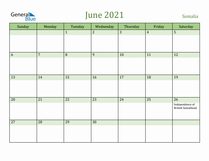 June 2021 Calendar with Somalia Holidays