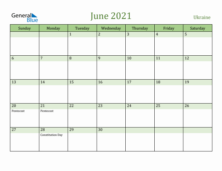 June 2021 Calendar with Ukraine Holidays