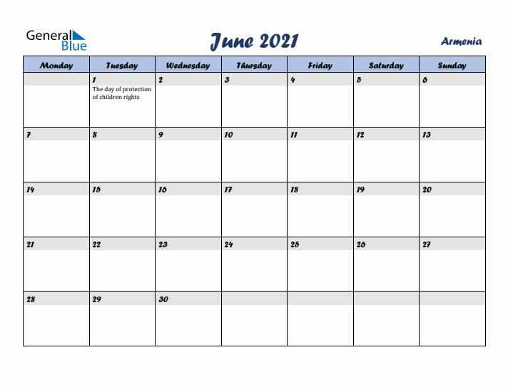 June 2021 Calendar with Holidays in Armenia