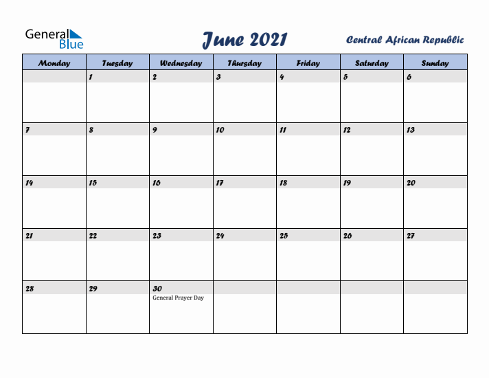 June 2021 Calendar with Holidays in Central African Republic