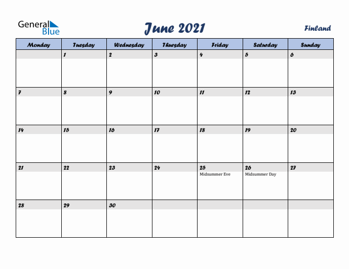 June 2021 Calendar with Holidays in Finland