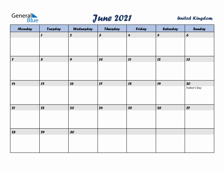 June 2021 Calendar with Holidays in United Kingdom