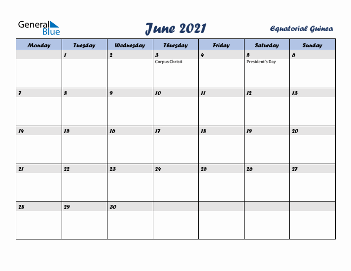 June 2021 Calendar with Holidays in Equatorial Guinea