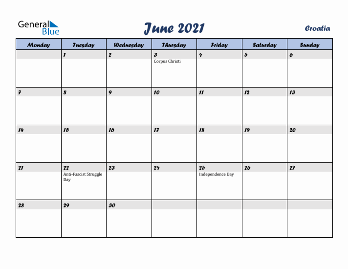 June 2021 Calendar with Holidays in Croatia