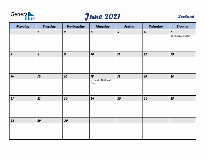 June 2021 Calendar with Holidays in Iceland