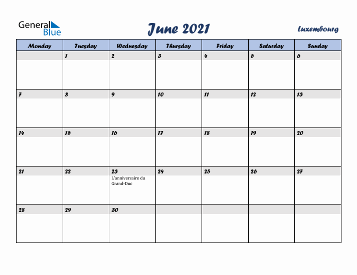 June 2021 Calendar with Holidays in Luxembourg