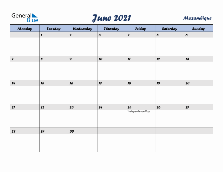 June 2021 Calendar with Holidays in Mozambique