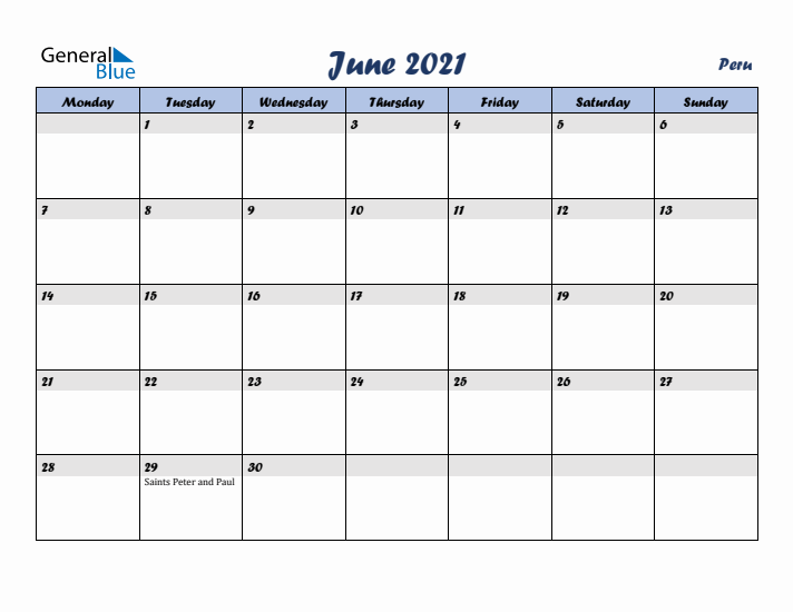 June 2021 Calendar with Holidays in Peru