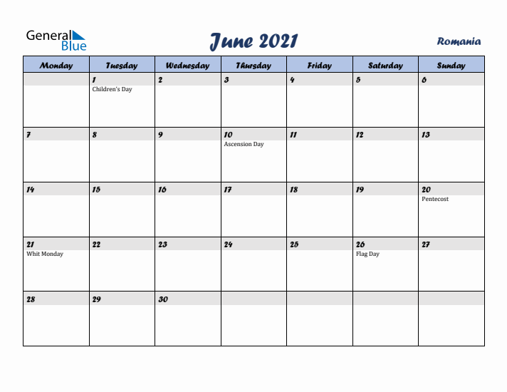 June 2021 Calendar with Holidays in Romania