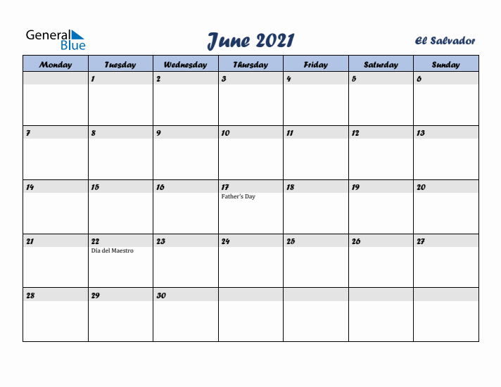 June 2021 Calendar with Holidays in El Salvador