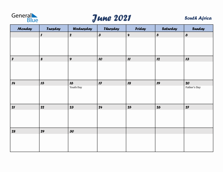 June 2021 Calendar with Holidays in South Africa