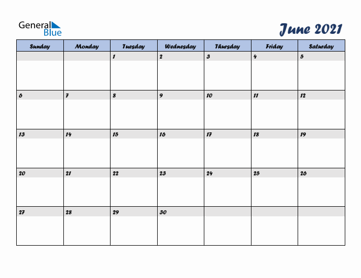 June 2021 Blue Calendar (Sunday Start)