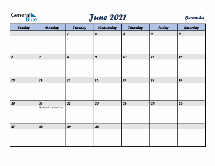 June 2021 Calendar with Holidays in Bermuda