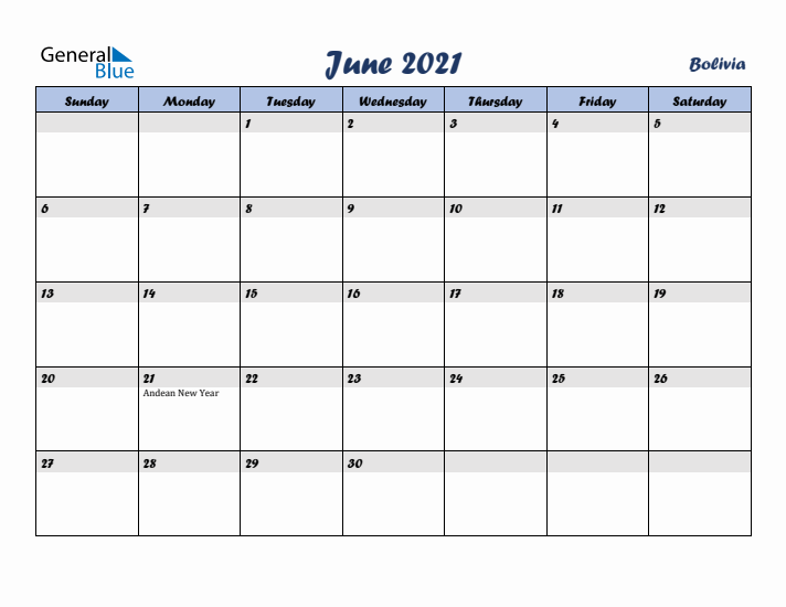 June 2021 Calendar with Holidays in Bolivia