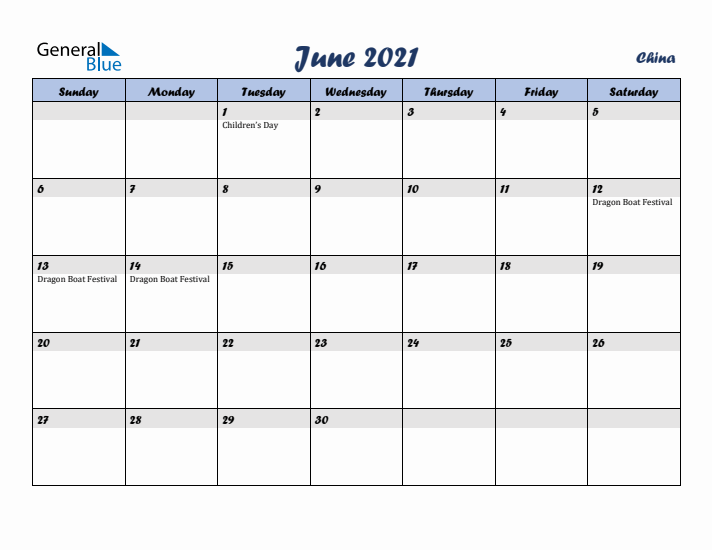 June 2021 Calendar with Holidays in China