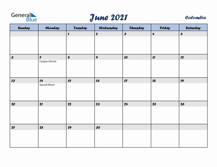 June 2021 Calendar with Holidays in Colombia