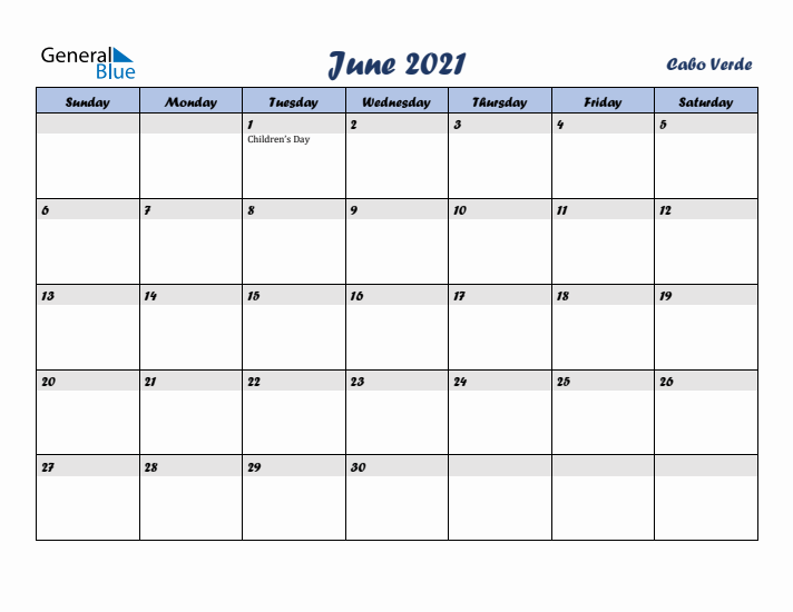 June 2021 Calendar with Holidays in Cabo Verde