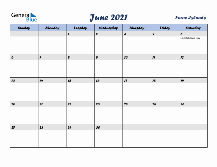 June 2021 Calendar with Holidays in Faroe Islands