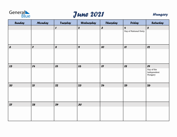 June 2021 Calendar with Holidays in Hungary