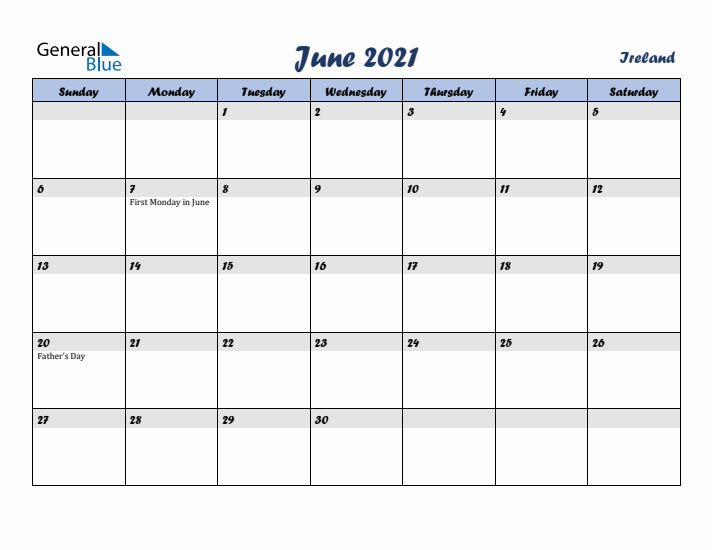 June 2021 Calendar with Holidays in Ireland