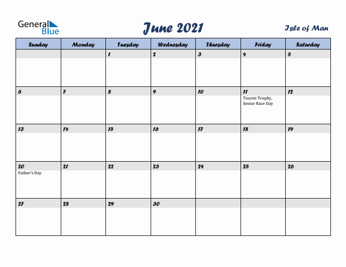 June 2021 Calendar with Holidays in Isle of Man