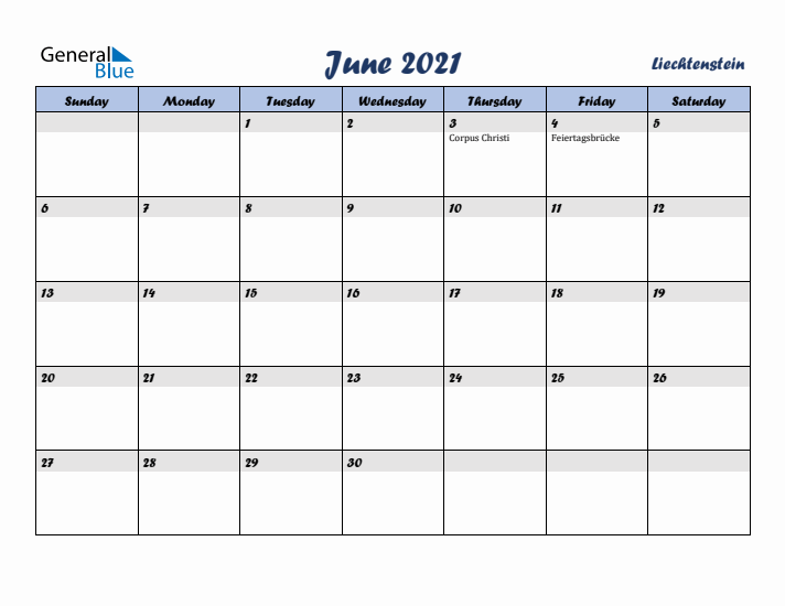 June 2021 Calendar with Holidays in Liechtenstein