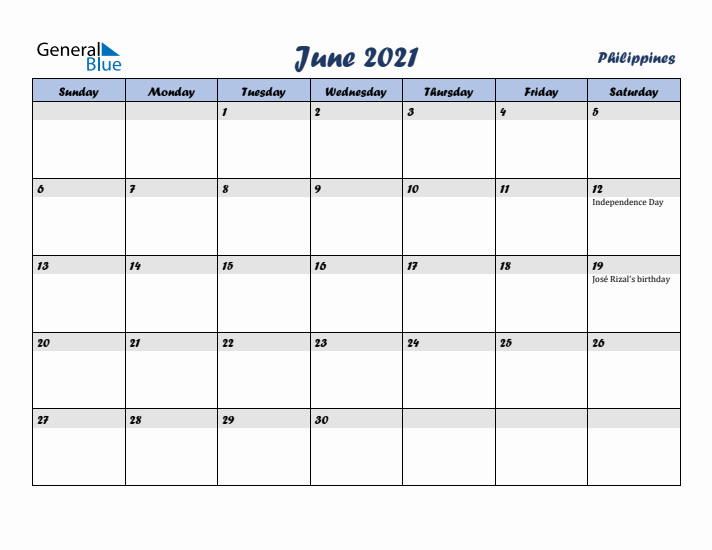 June 2021 Calendar with Holidays in Philippines