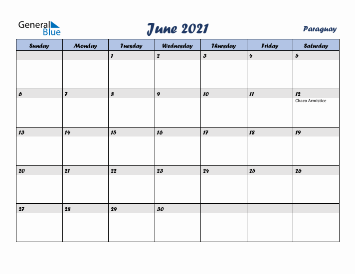 June 2021 Calendar with Holidays in Paraguay