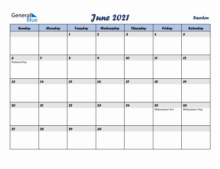 June 2021 Calendar with Holidays in Sweden