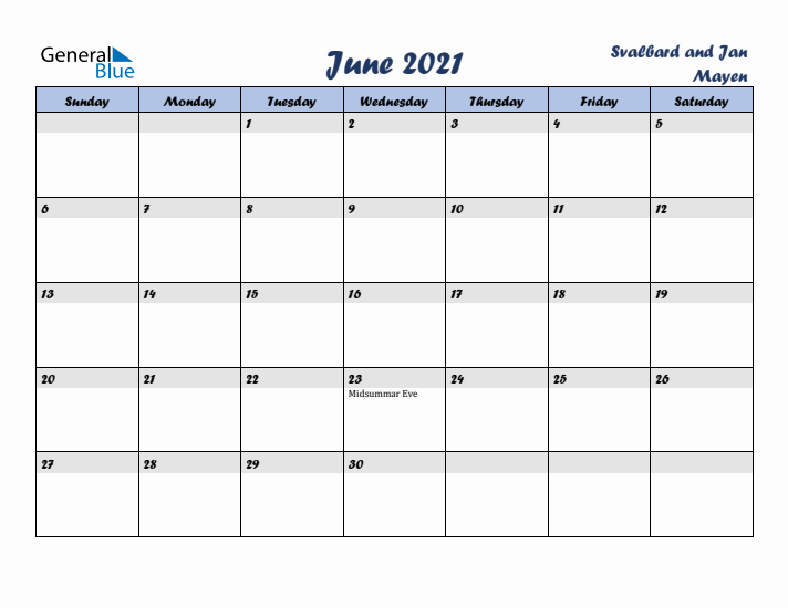 June 2021 Calendar with Holidays in Svalbard and Jan Mayen