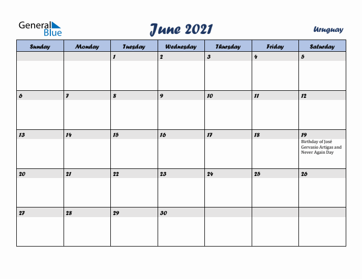 June 2021 Calendar with Holidays in Uruguay