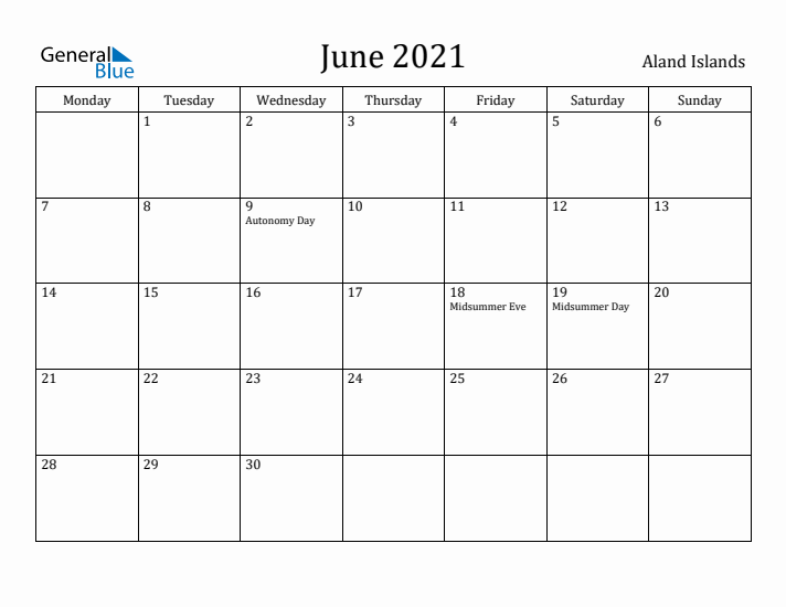 June 2021 Calendar Aland Islands