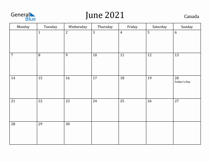 June 2021 Calendar Canada