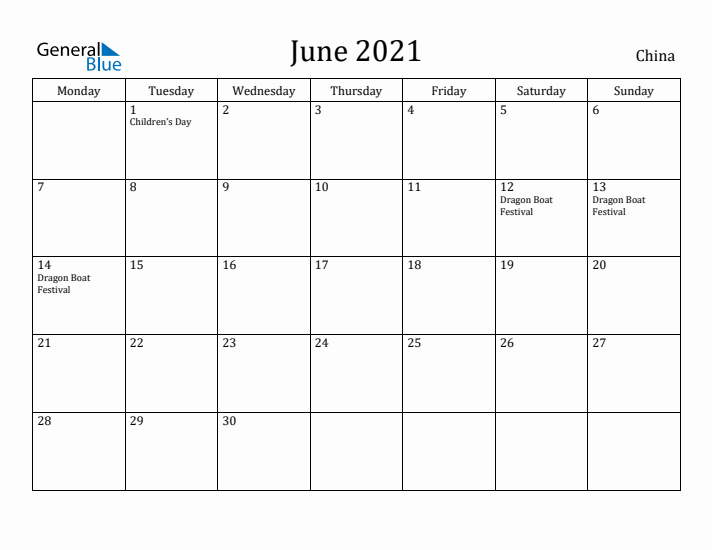 June 2021 Calendar China