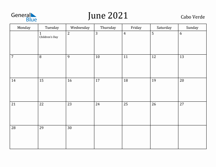 June 2021 Calendar Cabo Verde