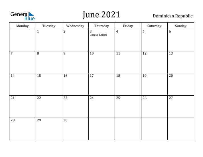 June 2021 Calendar Dominican Republic