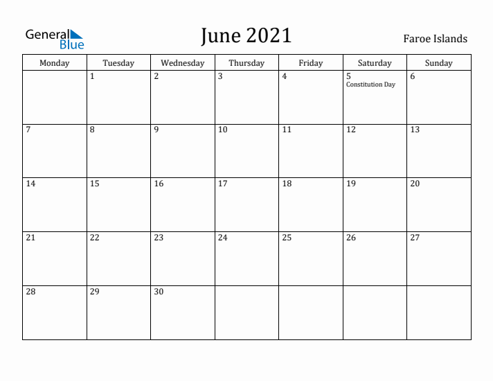 June 2021 Calendar Faroe Islands