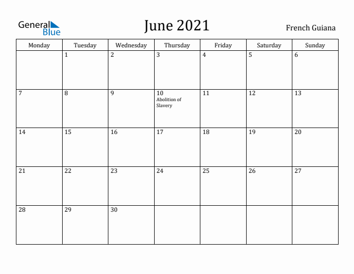 June 2021 Calendar French Guiana