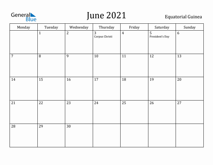 June 2021 Calendar Equatorial Guinea