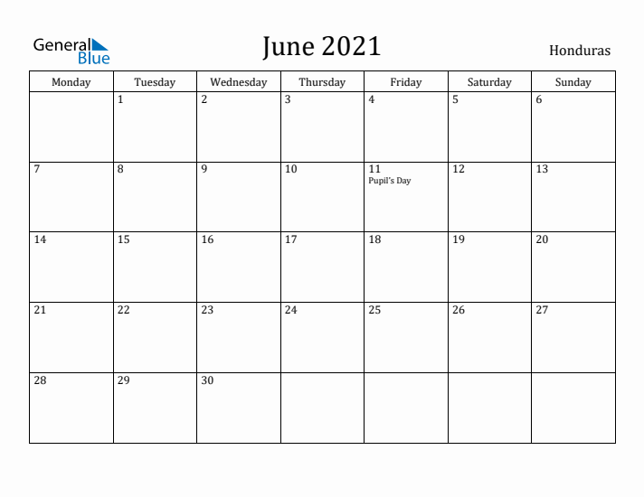 June 2021 Calendar Honduras