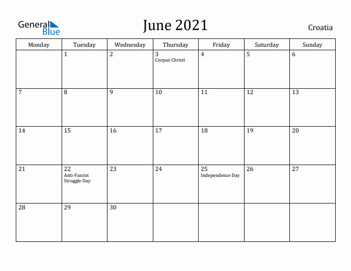 June 2021 Calendar Croatia