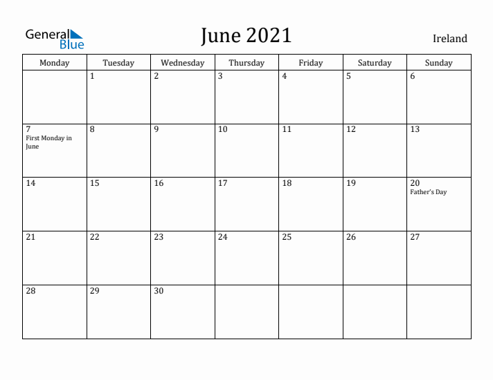 June 2021 Calendar Ireland