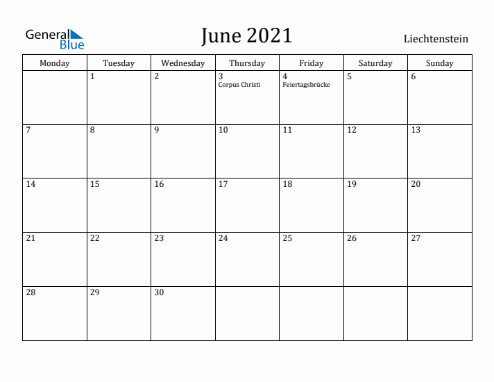 June 2021 Calendar Liechtenstein