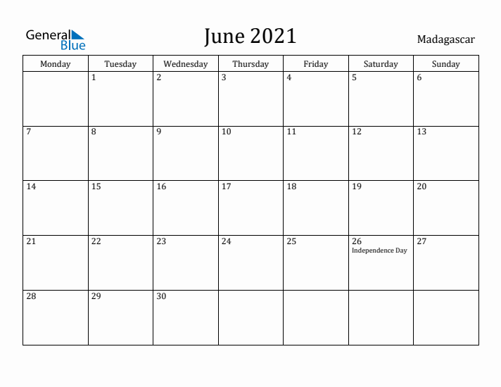 June 2021 Calendar Madagascar