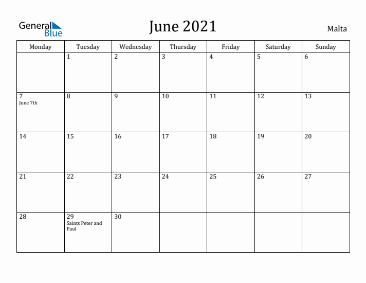 June 2021 Calendar Malta