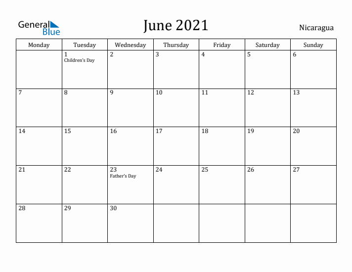 June 2021 Calendar Nicaragua