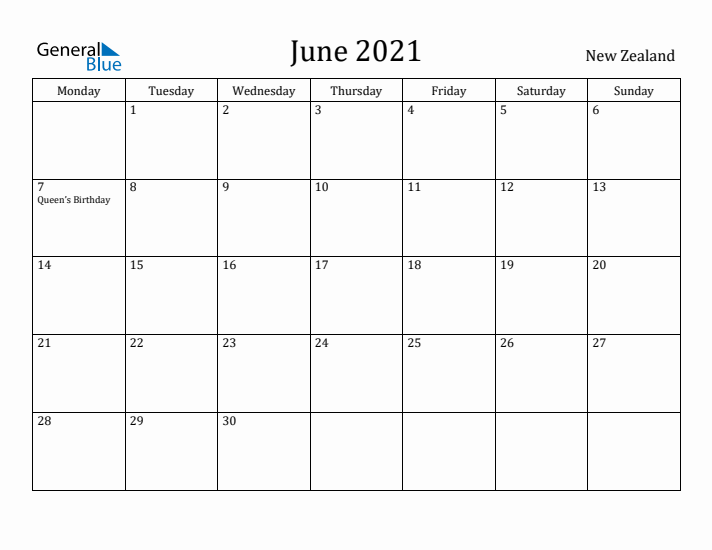 June 2021 Calendar New Zealand