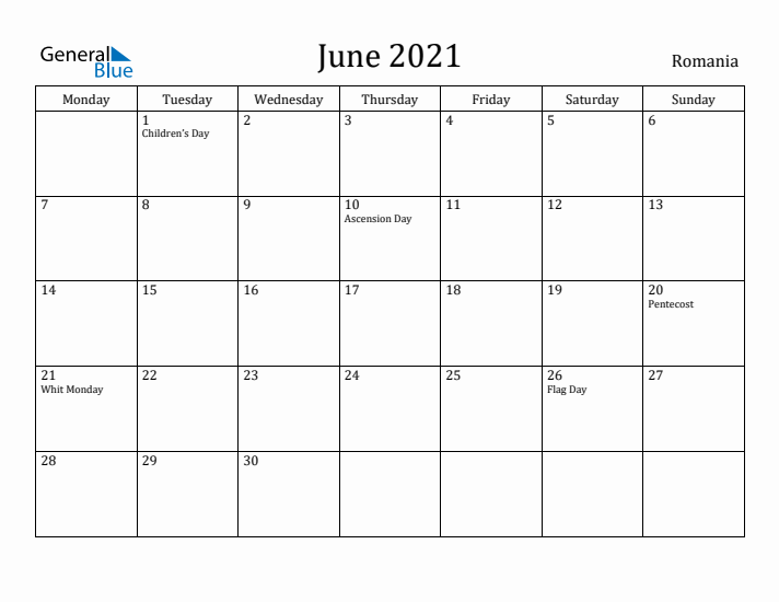 June 2021 Calendar Romania