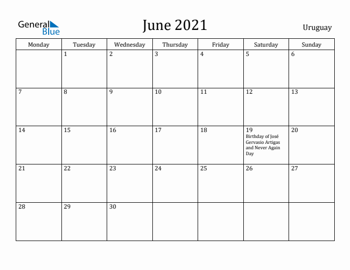 June 2021 Calendar Uruguay