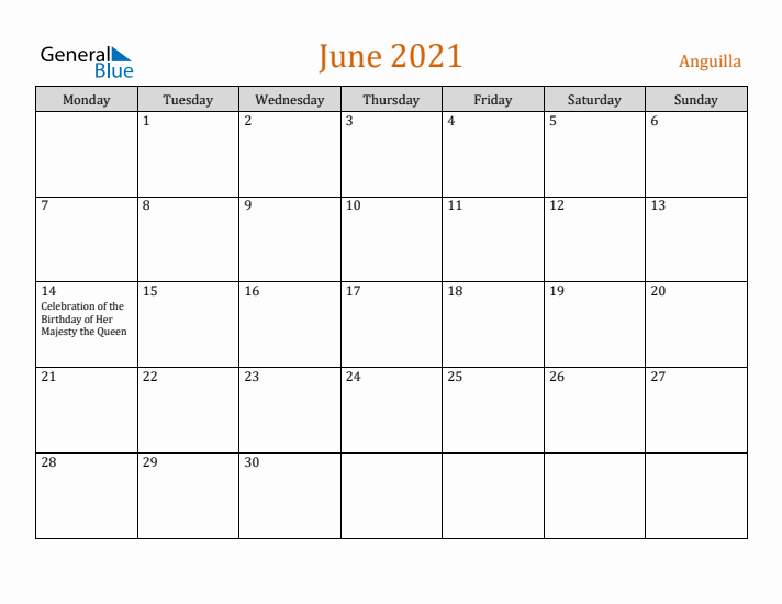 June 2021 Holiday Calendar with Monday Start